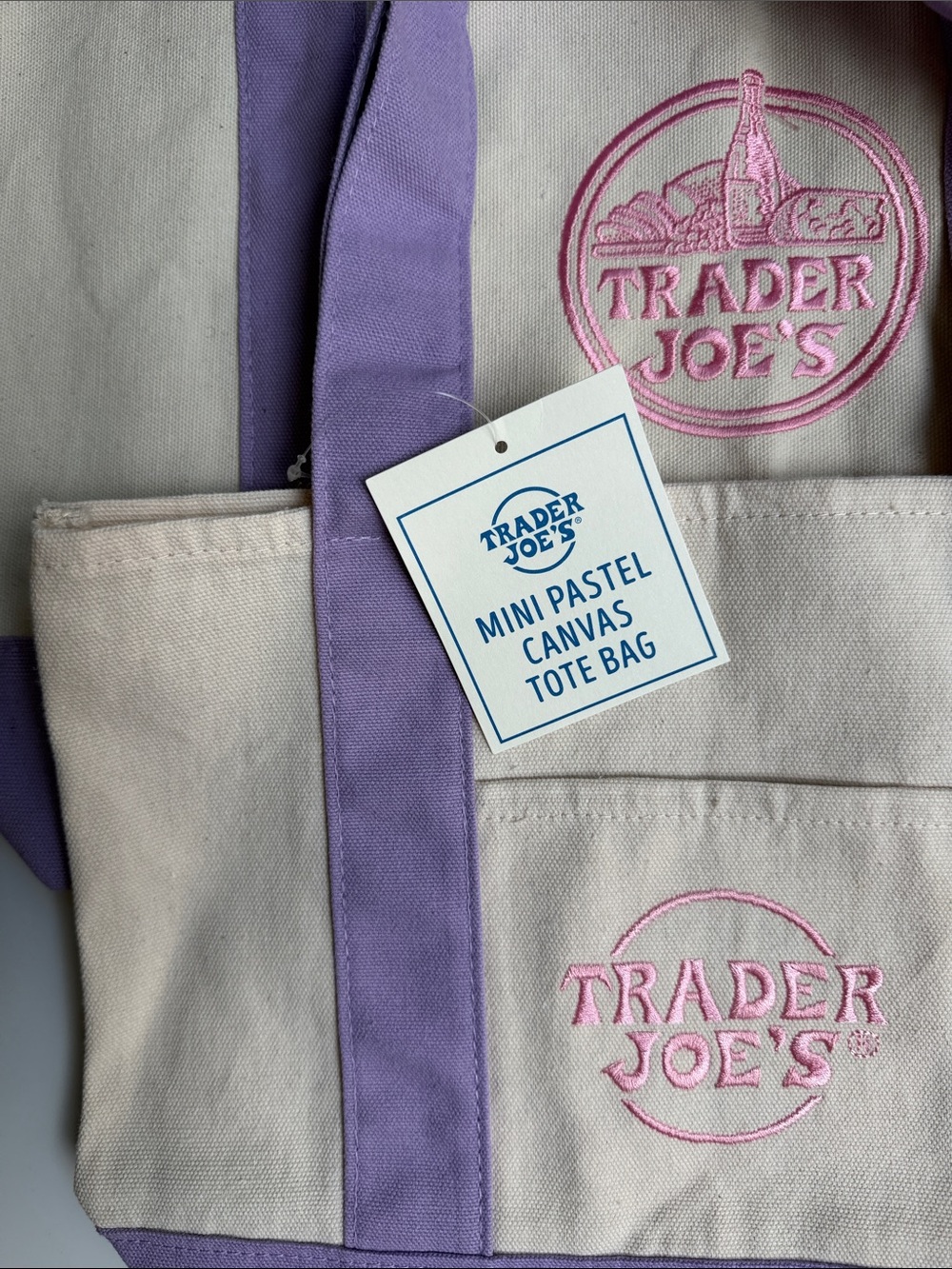 Trader Joe’s Canvas Large and Mini Tote Bag Set- Cream with Lavender Handles - Picture 5 of 7
